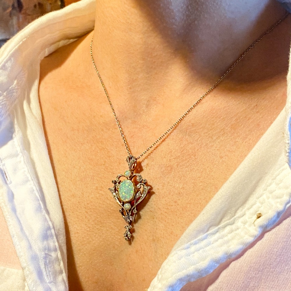 Art Nouveau Opal & Old Cut Diamond Pendant, circa 1905 View II