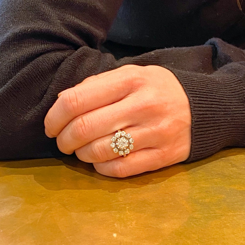 Mid Century 1.34 Carat Transitional Cut Diamond Cluster Ring, circa 1960 View VIII