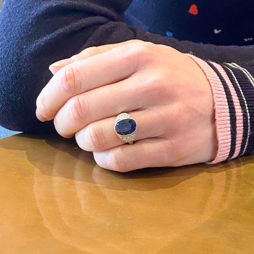 Art Deco 3.89 Carat Burmese Sapphire & Diamond Ring, circa 1920 View VIII