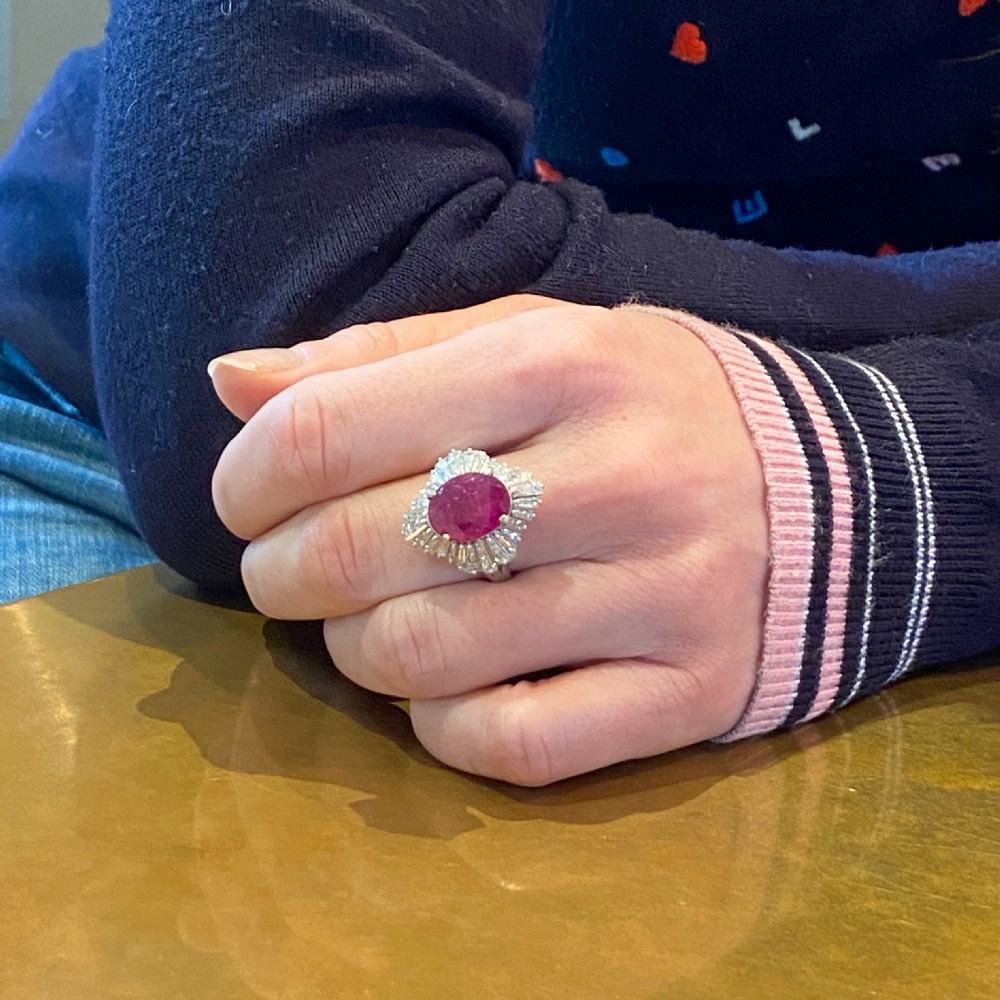 Mid Century 7.26 Carat Natural Ruby & Diamond Ballerina Ring View VIII