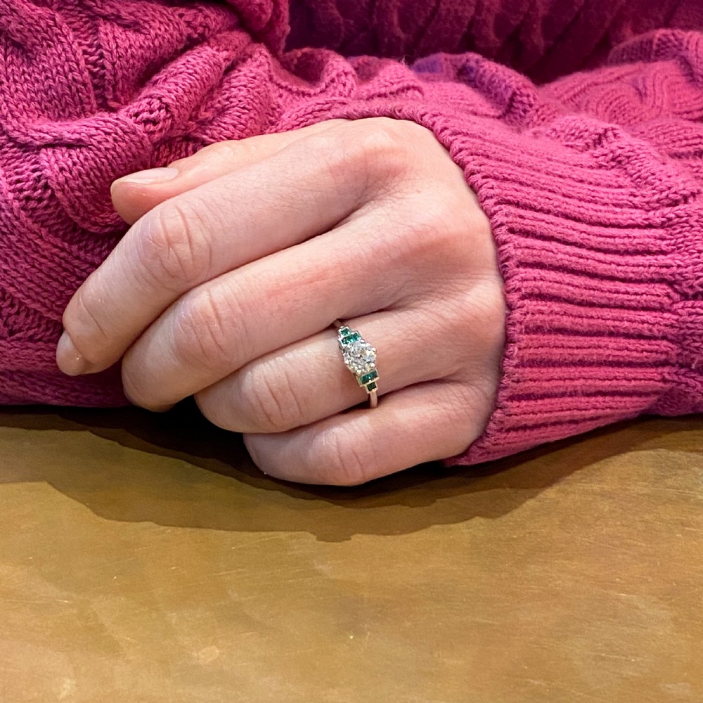 0.85 Carat Old European Cut Diamond & Emerald Ring, Platinum View VIII