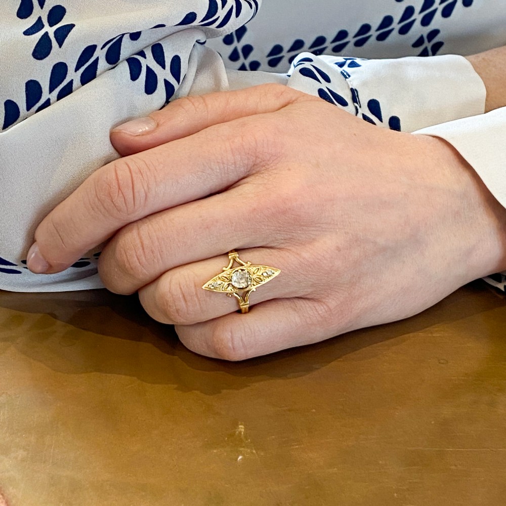 Art Nouveau 0.50 Carat Old Cut Diamond Navette Ring, circa 1910 View VI