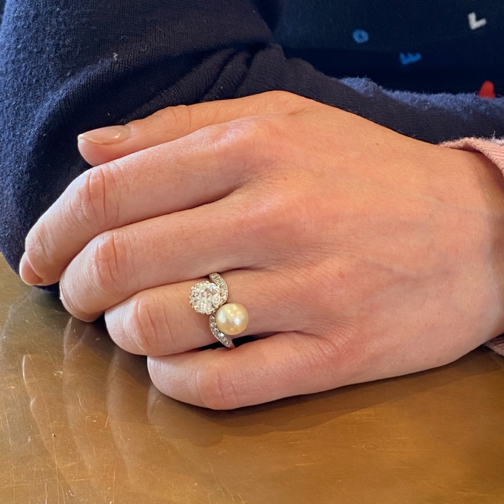 Art Deco 1.11 Carat Old Cut Diamond & Natural Pearl Crossover Ring, circa 1915 View IX