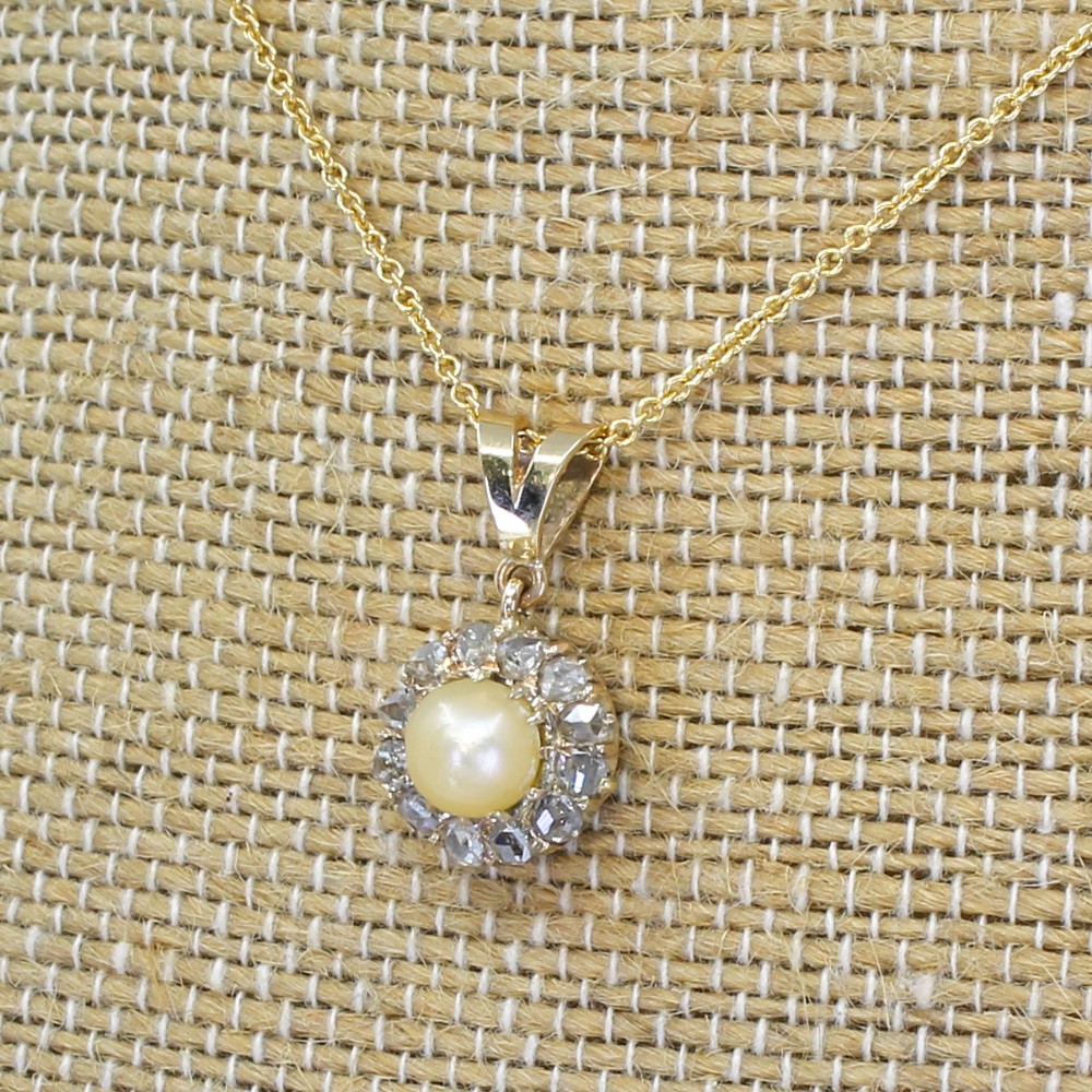 Victorian Natural Pearl & Rose Cut Diamond Cluster Pendant, circa 1880