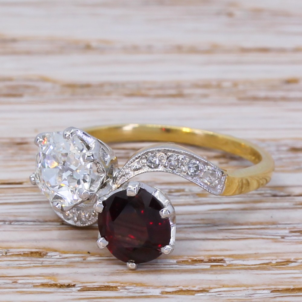Art Deco 1.01 Carat Old Cut Diamond & 1.14 Carat Ruby Crossover Ring, circa 1925