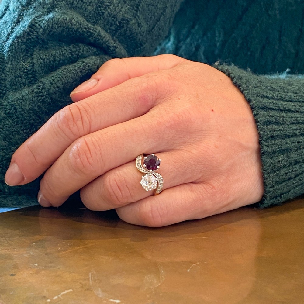 Art Deco 1.01 Carat Old Cut Diamond & 1.14 Carat Ruby Crossover Ring, circa 1925 View IX