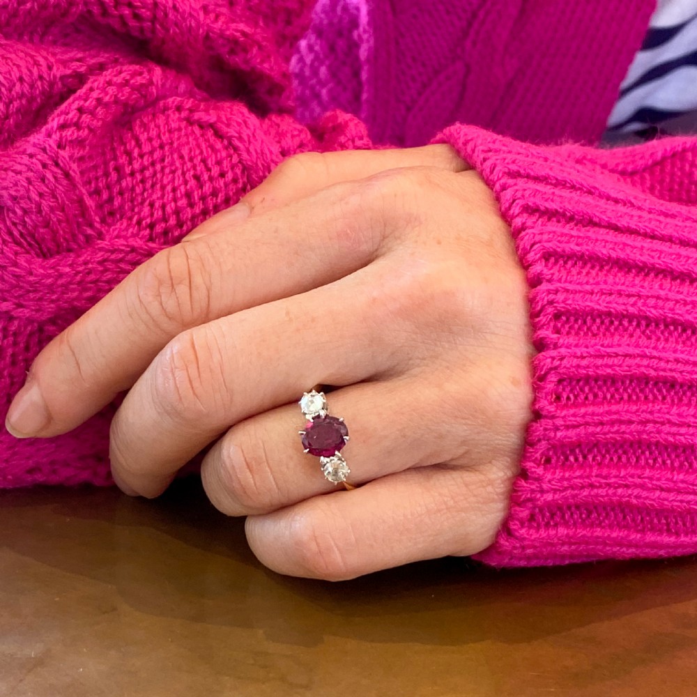 Art Deco 1.33 Carat Natural Ruby & Old Cut Diamond Trilogy Ring, circa 1920 View VIII