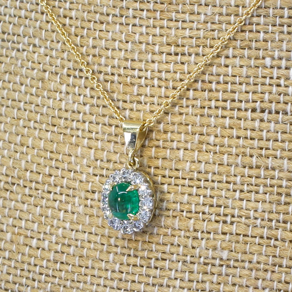 Art Deco 0.77 Carat Cabochon Cut Emerald & Diamond Pendant, circa 1930