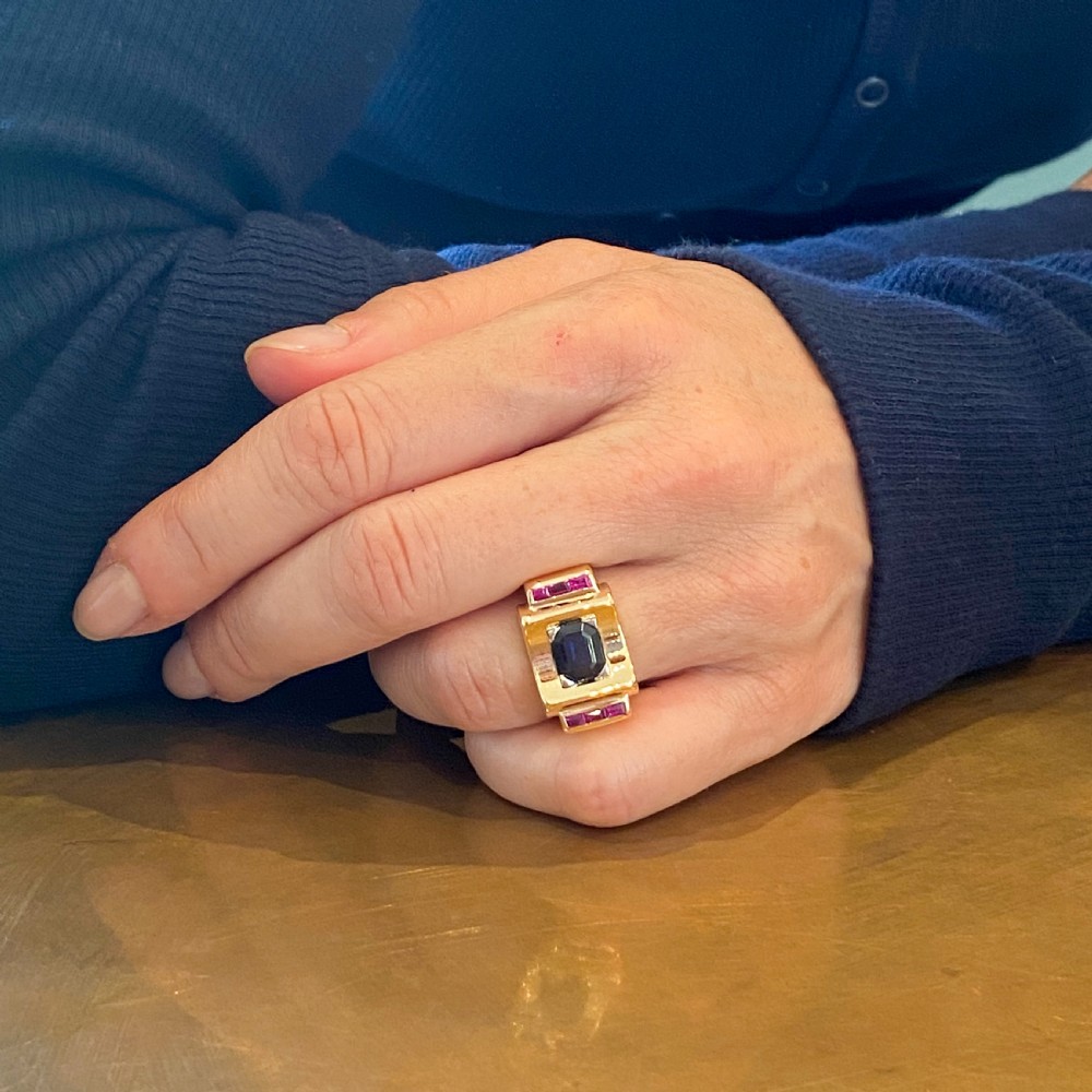 Mid Century 1.78 Carat Sapphire & Ruby Cocktail Ring, circa 1960 View VIII