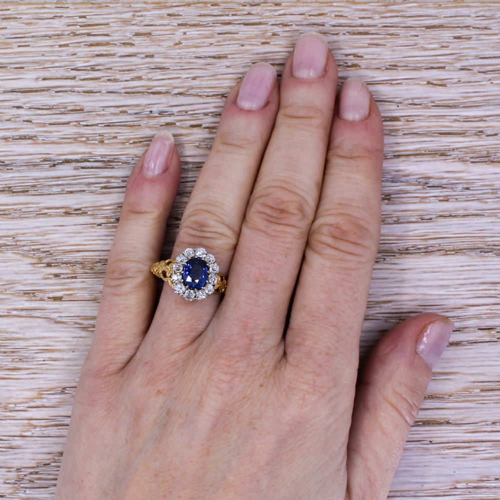 Victorian 1.25 Carat Sapphire & 0.96 Carat Old Cut Diamond Cluster Ring, circa 1890 View VI