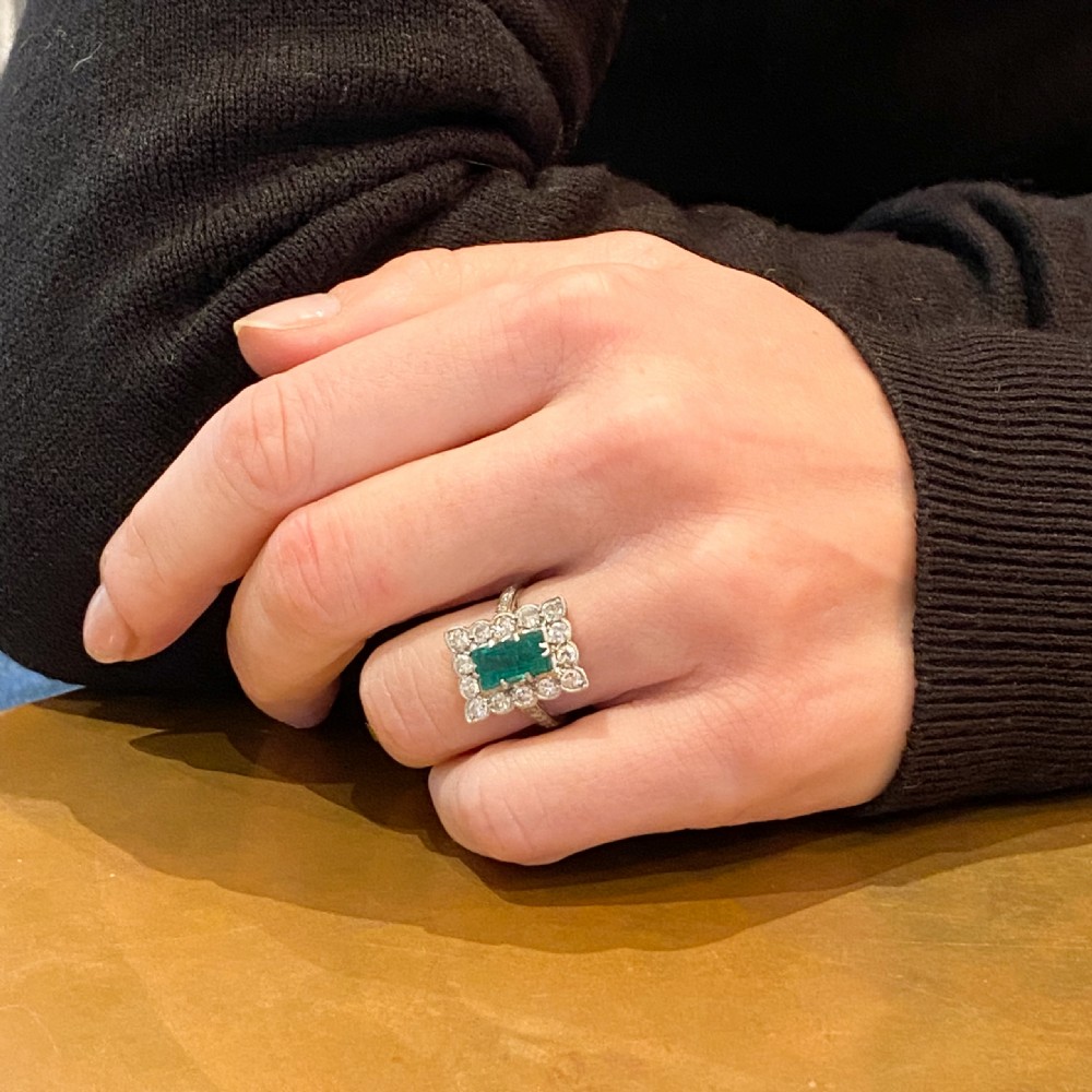 Art Deco 1.06 Carat Emerald & 1.46 Carat Old Cut Diamond Cluster Ring, circa 1940 View VII