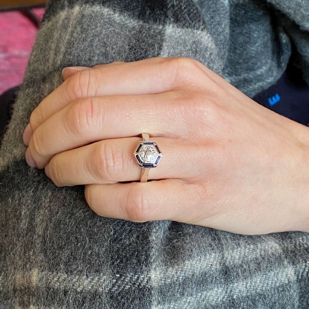 Mid Century Diamond & Sapphire Cluster Ring, on 14k Superfit Shank View X