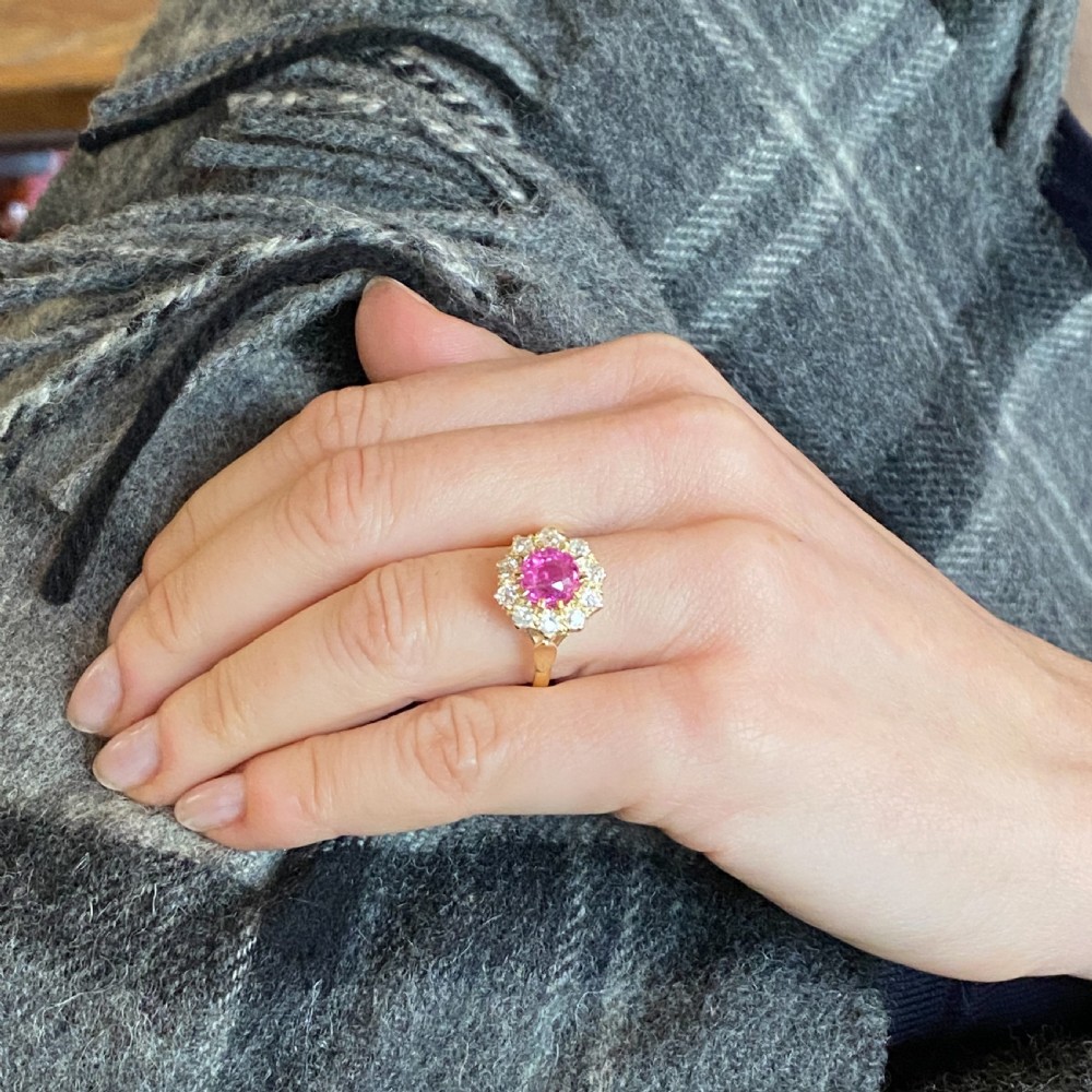 Victorian 1.74 Carat Natural Pink Sapphire & Diamond Cluster Ring, circa 1900 View VIII