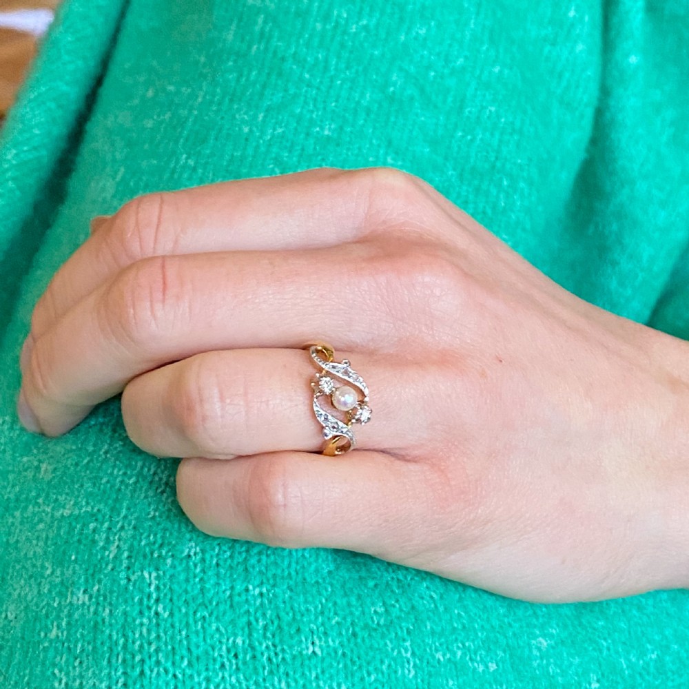 Art Nouveau Pearl & Diamond Crossover Ring, circa 1905 View VII