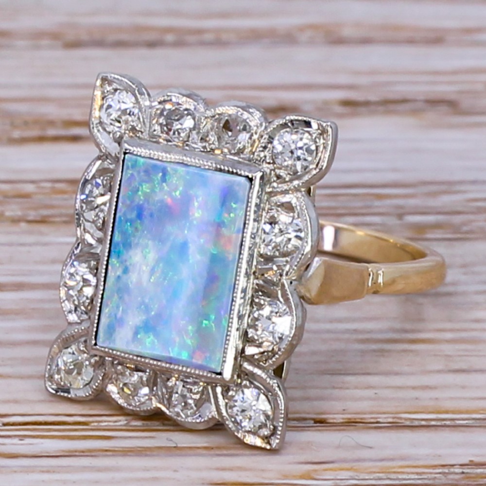 Art Deco Opal Doublet & Old Cut Diamond Cluster Ring, circa 1920