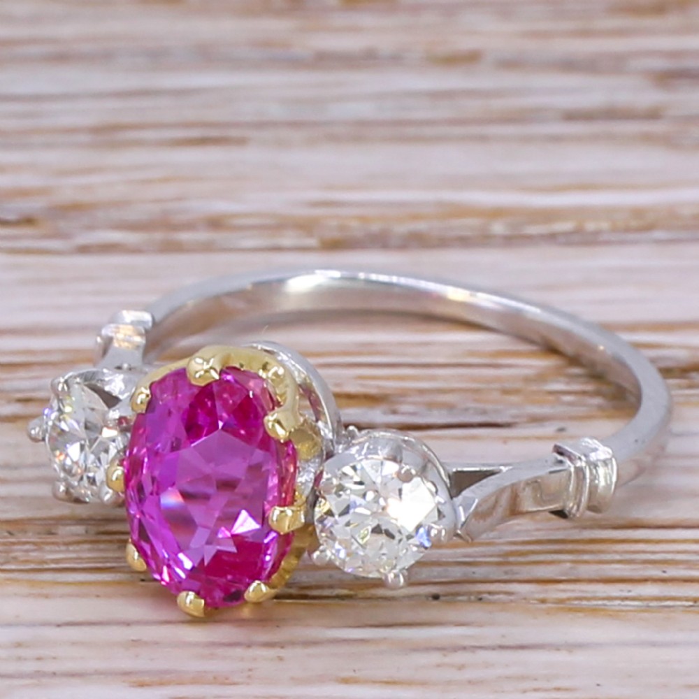 Art Deco 2.47 Carat Burmese Pink Sapphire & Diamond Trilogy Ring, circa 1920