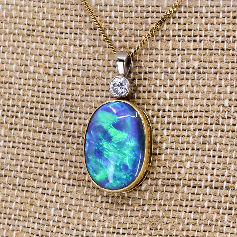 Mid Century 10.75 Carat Black Opal & Diamond Pendant, circa 1950
