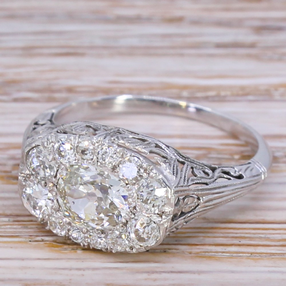 Retro 1.45 Carat Old Cut Diamond Cluster Ring, circa 1950