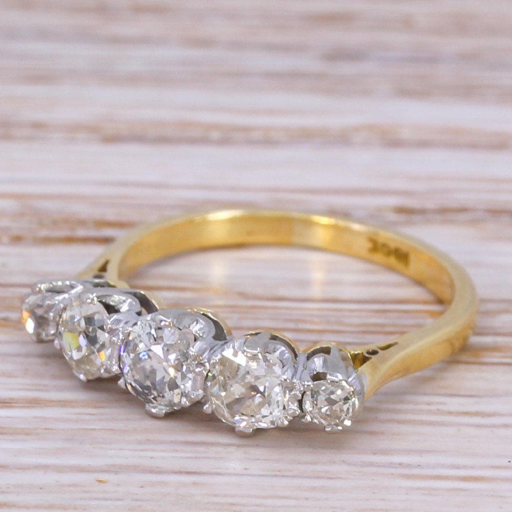 Mid Century 0.86 Carat Old Cut Diamond Five Stone Ring, circa 1955