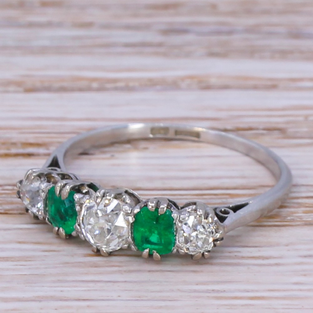 Art Deco 0.86 Carat Diamond & 0.75 Carat Emerald Five Stone Ring, circa 1920