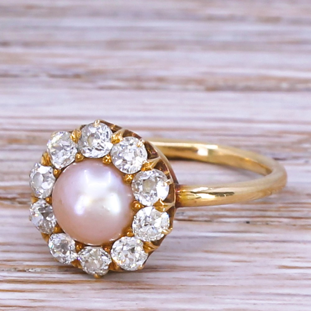 Art Deco Pearl & Old Cut Diamond Cluster Ring, circa 1930