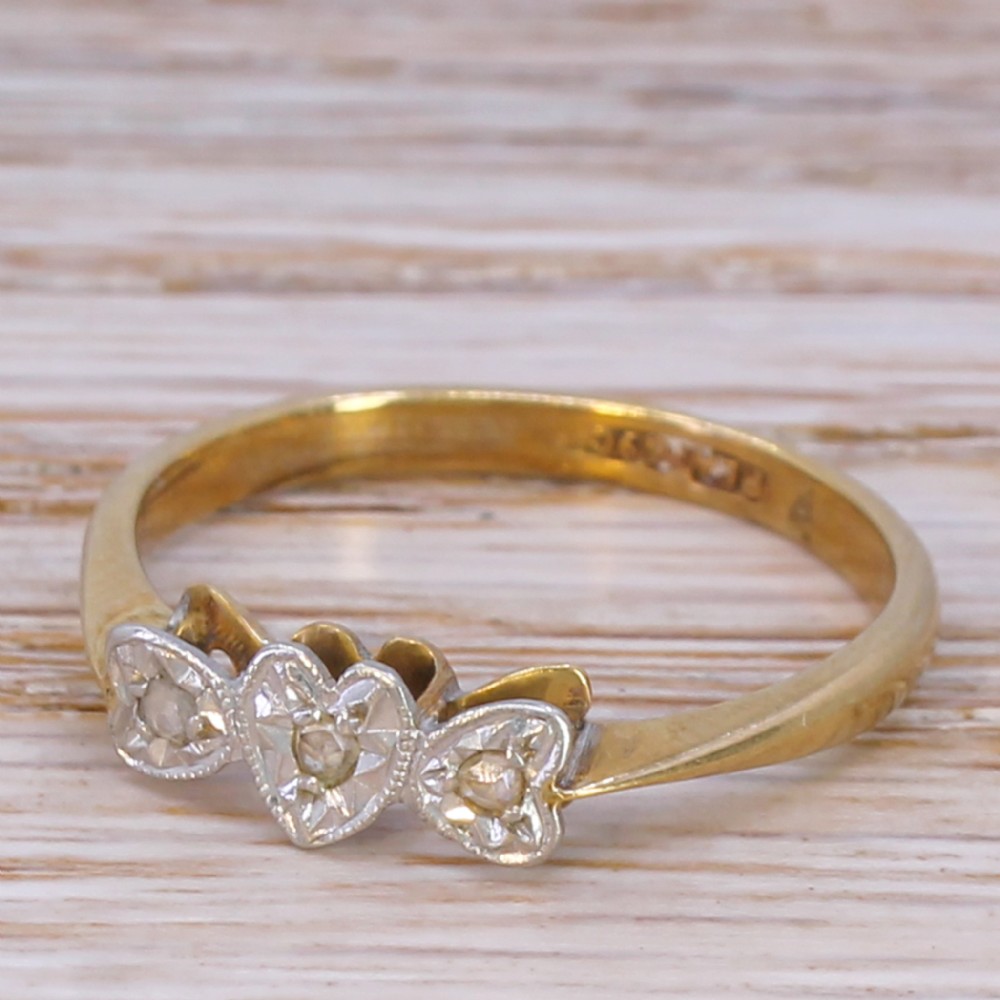 Mid Century Rose Cut Diamond Trilogy Heart Ring, circa 1960