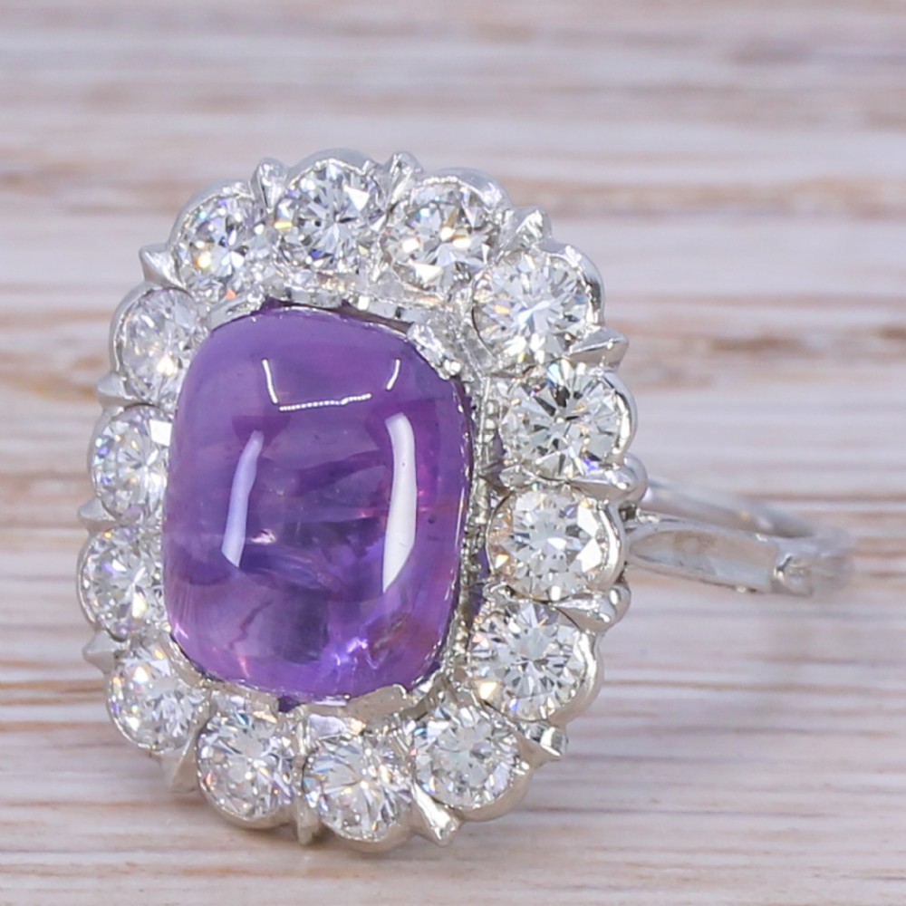 Mid Century 5.84 Carat Natural Ceylon Purple Cabochon Sapphire & Diamond Ring, circa 1950