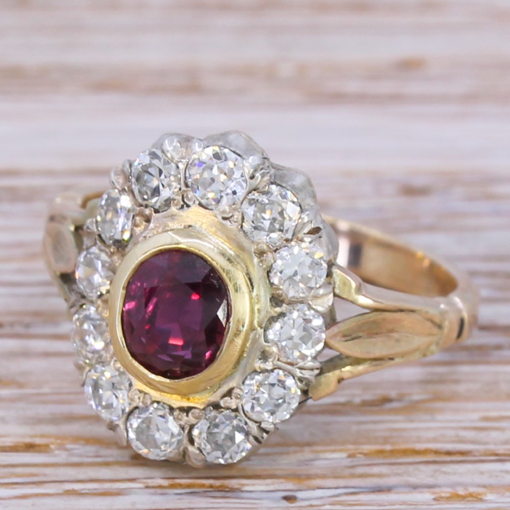 Victorian 0.93 Carat Ruby & Old Cut Diamond Cluster Ring, circa 1900