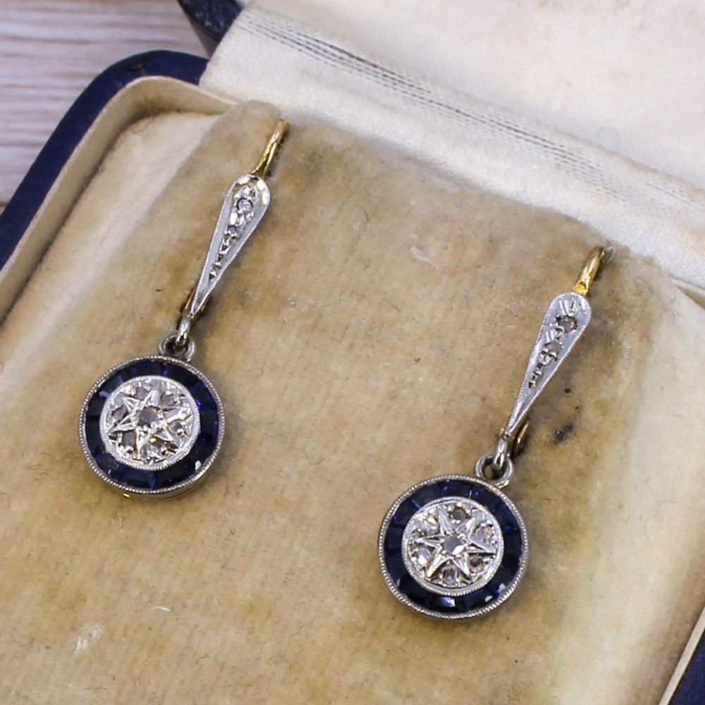 Art Deco Sapphire & Diamond Target Cluster Earrings, circa 1930