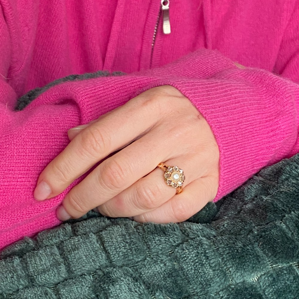 Edwardian Natural Pearl & Rose Cut Diamond Cluster Ring, circa 1910 View VII