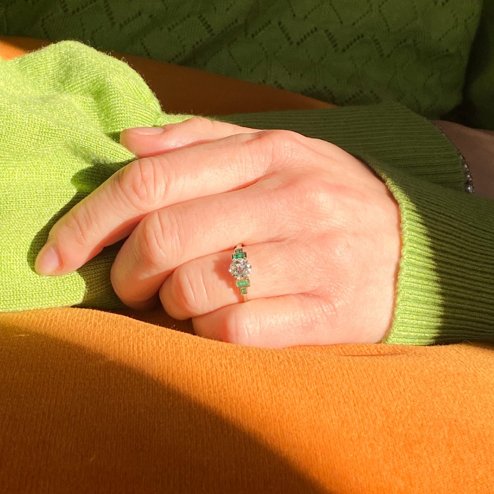 0.76 Carat Old European Cut Diamond & Emerald Ring, Platinum View IX