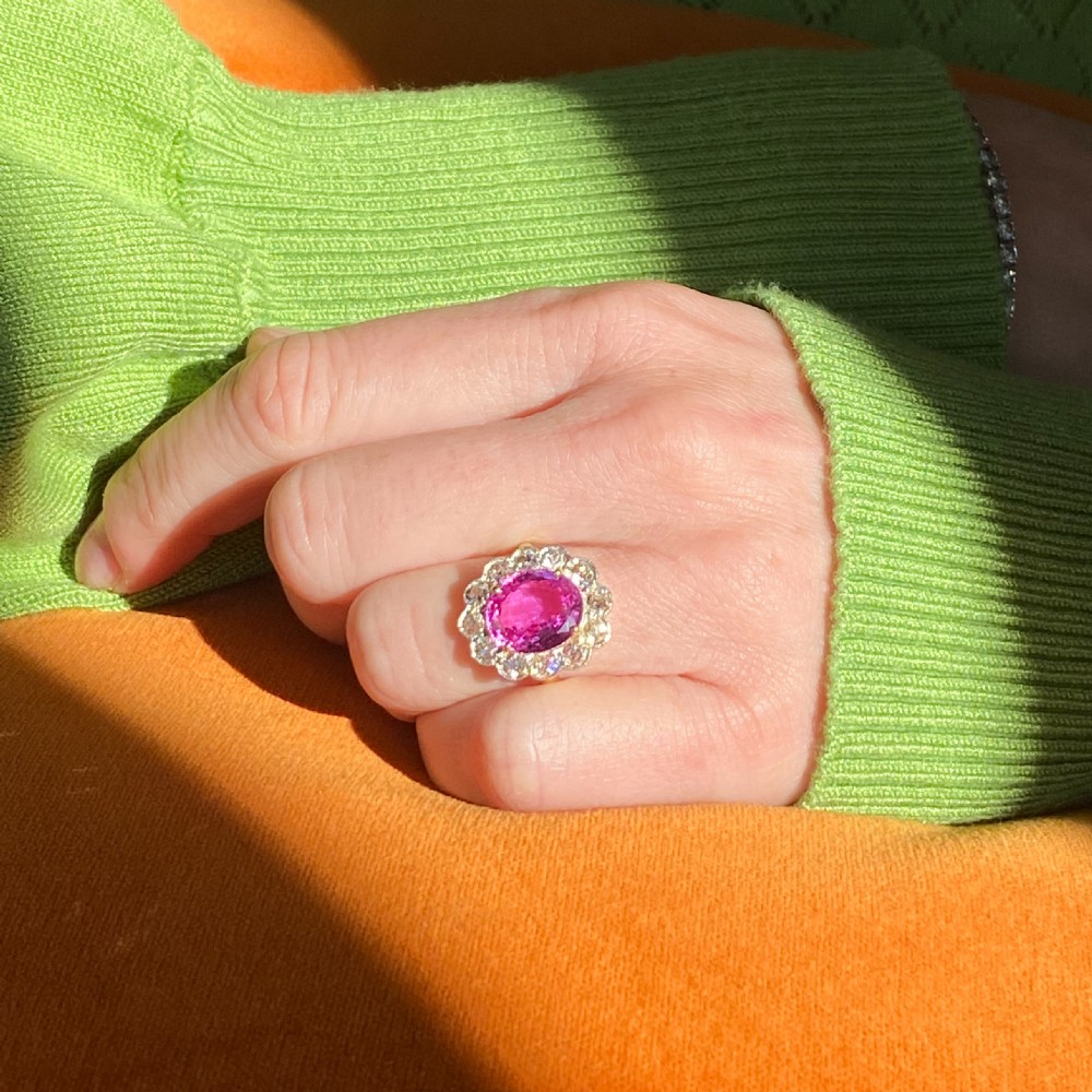 Edwardian 4.22 Carat Natural Pink Sapphire & Diamond Cluster Ring, circa 1910 View VIII