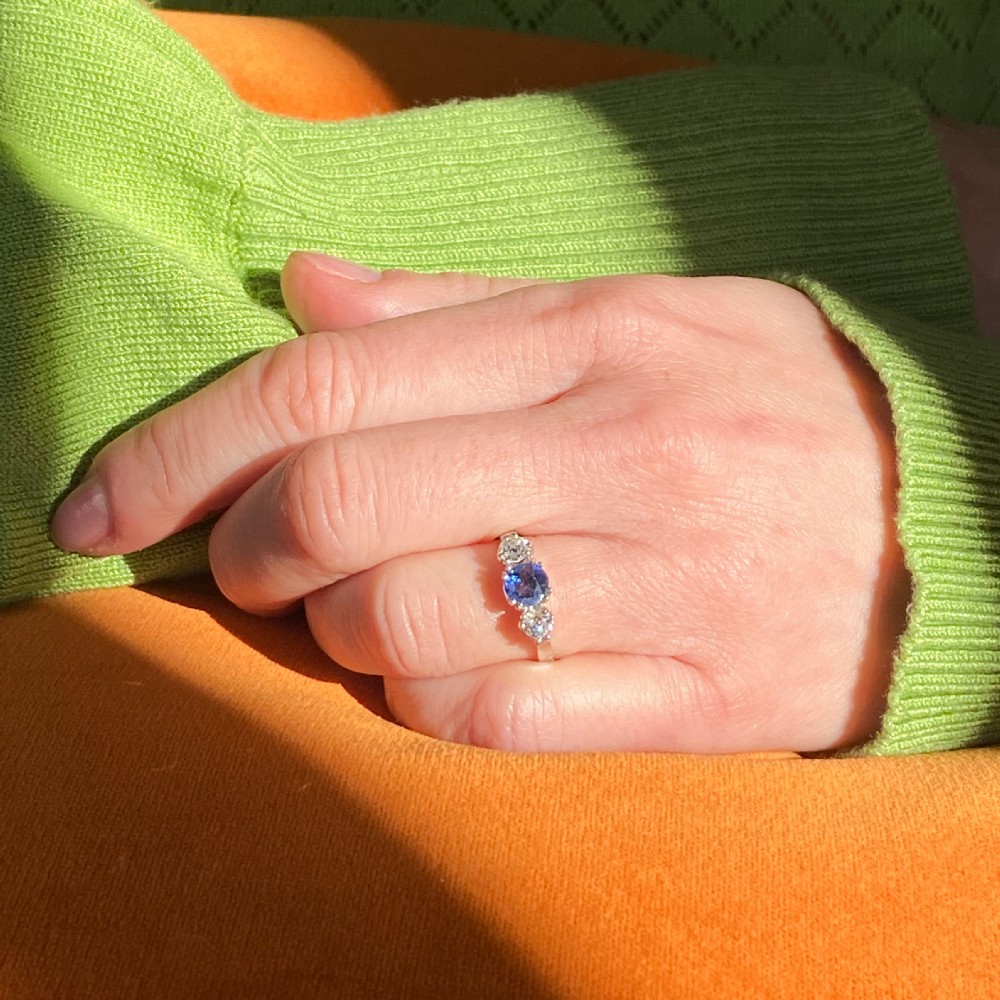 Art Deco 1.08 Carat Kashmir Sapphire & Old Cut Diamond Trilogy Ring, circa 1925 View VIII