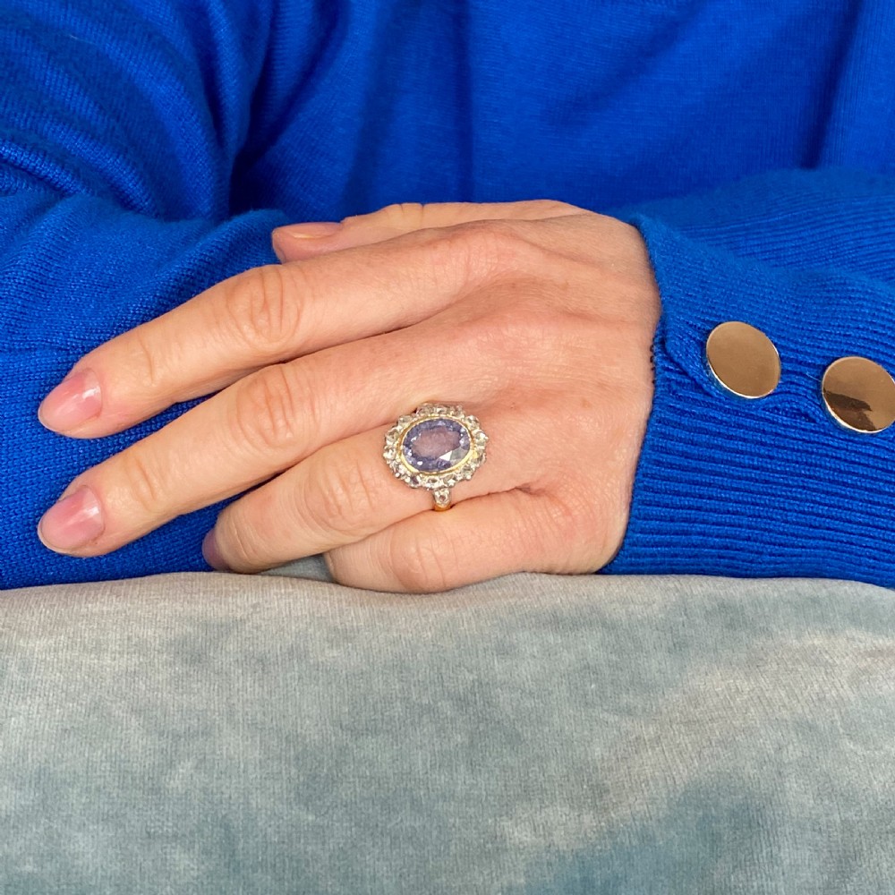 Mid Century 4.19 Carat Natural Sapphire & Rose Cut Diamond Cluster Ring, circa 1960 View VIII