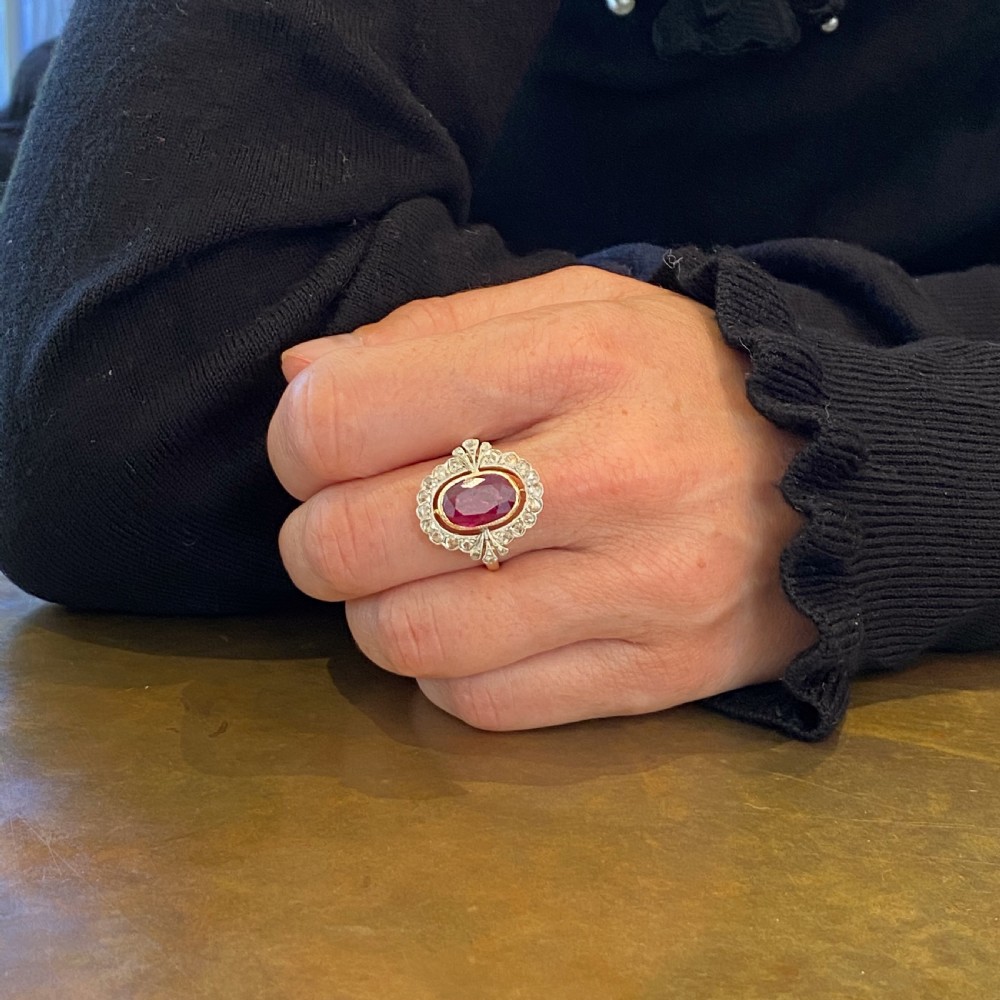 Mid Century 2.87 Carat Ruby & Rose Cut Diamond Cluster Ring, circa 1950 View VII