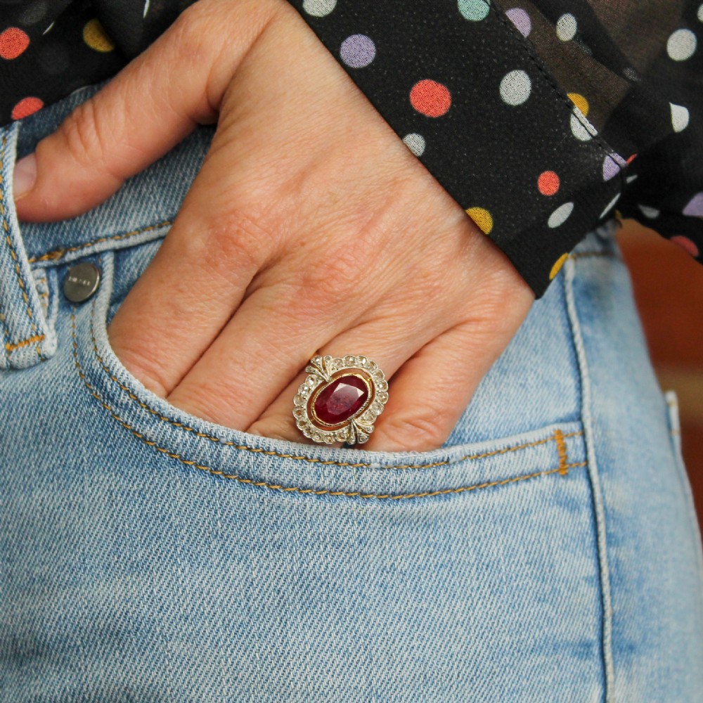Mid Century 2.87 Carat Ruby & Rose Cut Diamond Cluster Ring, circa 1950 View IX