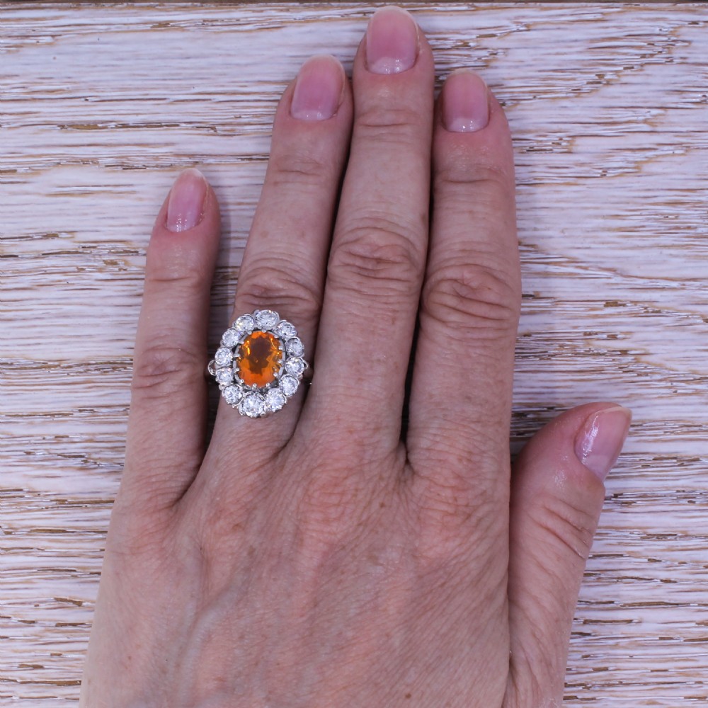 Mid Century 1.60 Carat Fire Opal & 2.00 Carat Diamond Ring, circa 1960 View VI