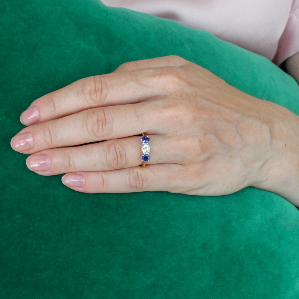 Art Deco 0.47 Carat Old Cut Diamond & 0.82 Carat Sapphire Trilogy Ring, circa 1920 View XI