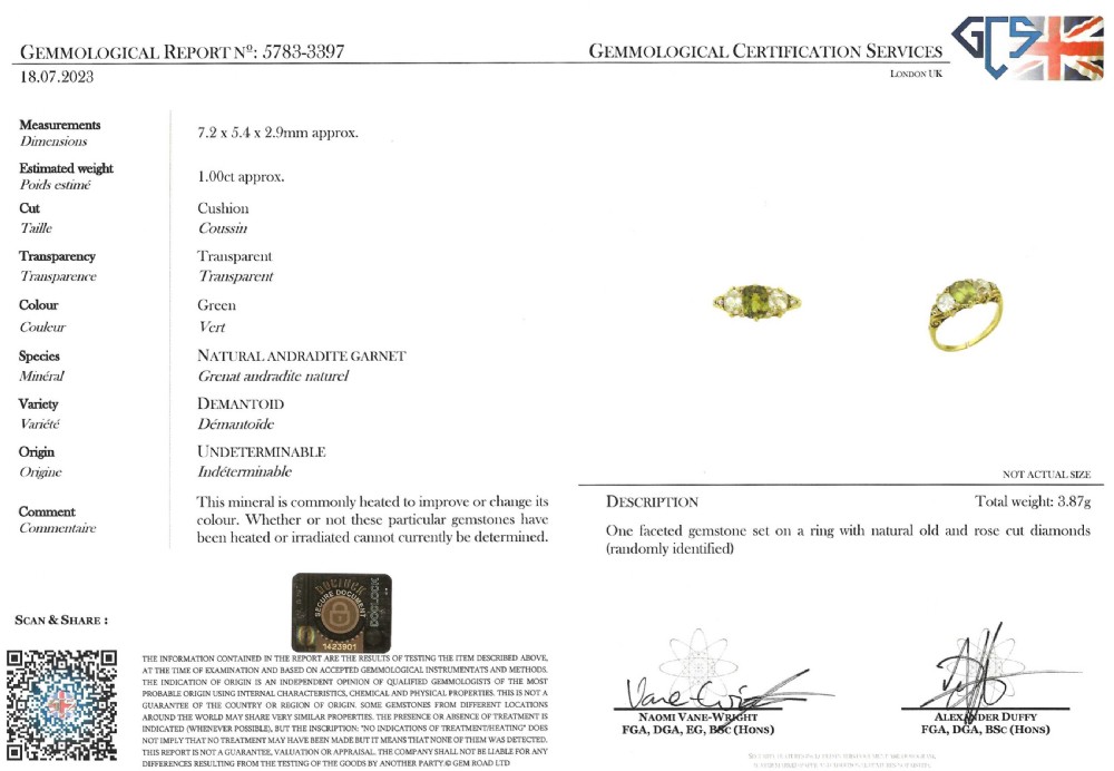 Victorian 1.00 Carat Demantoid Garnet & 1.30 Carat Old Cut Diamond Ring, circa 1890 View VII