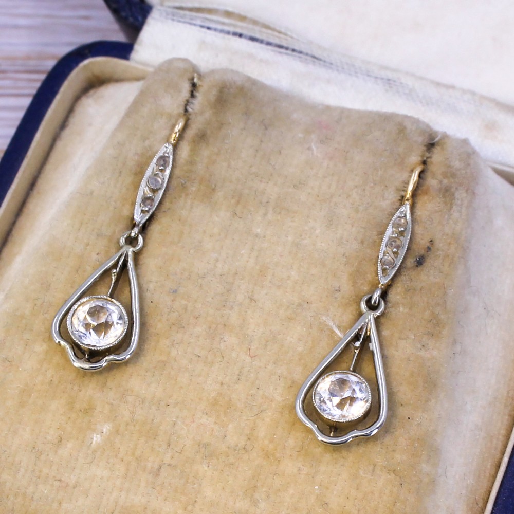 Art Deco 1.23 Carat Old Cut White Sapphire Earrings, circa 1925