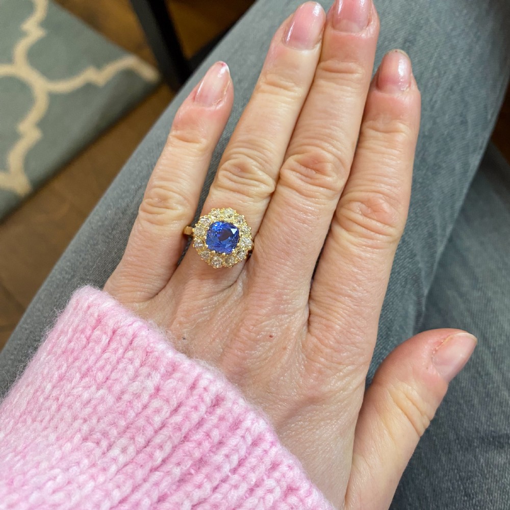 Victorian 2.99 Carat Ceylon Sapphire & Diamond Cluster Ring, circa 1900 View IX