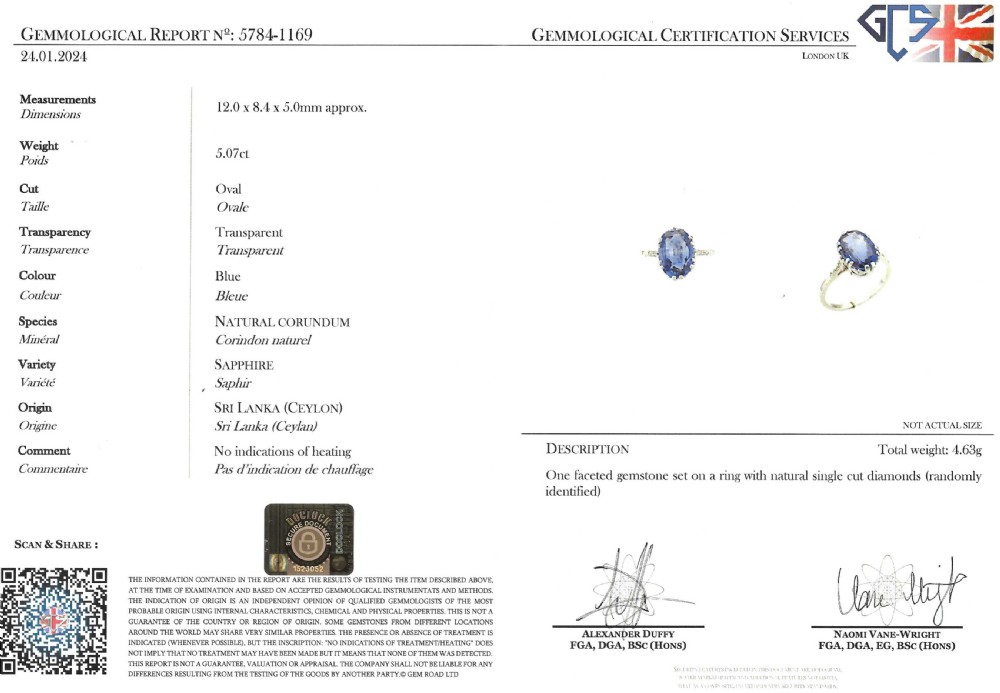 An Art Deco platinum solitaire ring showcasing a large oval-cut blue sapphire held in a multi-claw setting with diamond-accented shoulders. View VII