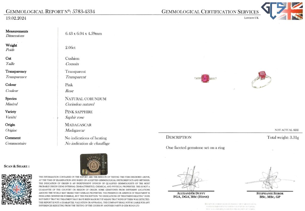 A mid-century platinum solitaire ring featuring a central cushion-cut pink sapphire with small accent diamonds set into the shoulders. View VIII