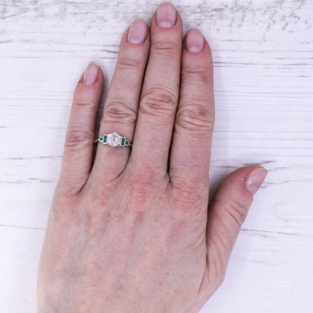 0.89 Carat Old Cut Diamond & Emerald Ring, Platinum View VII