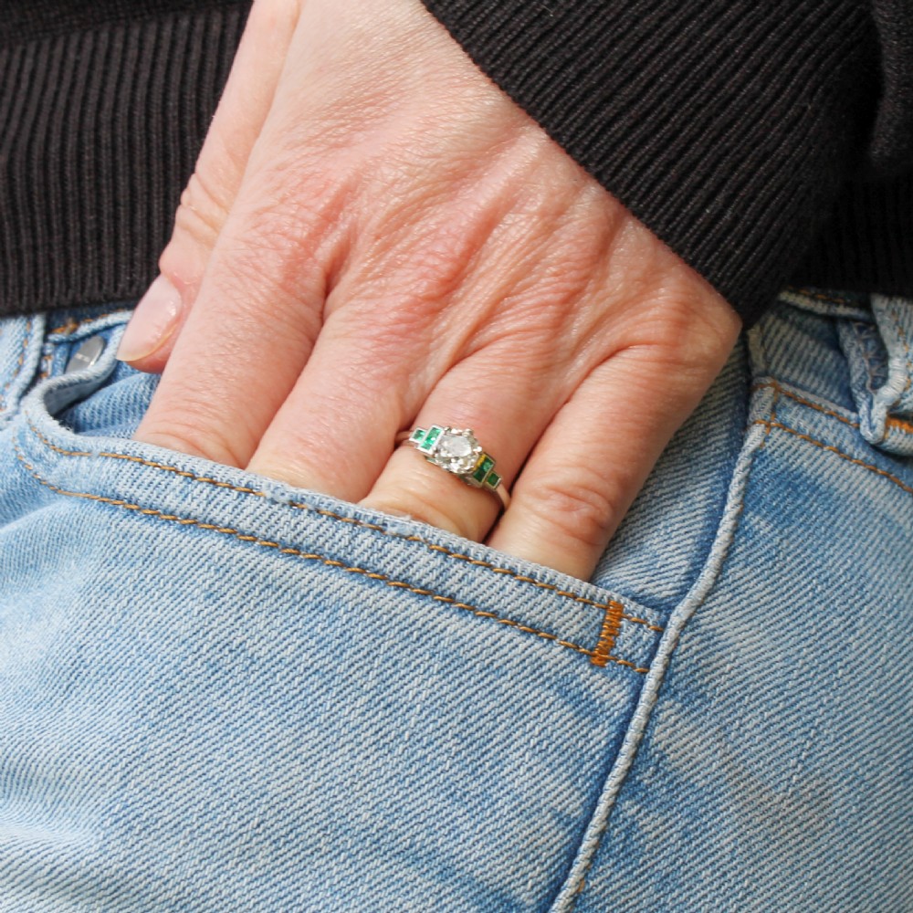 0.89 Carat Old Cut Diamond & Emerald Ring, Platinum View IX
