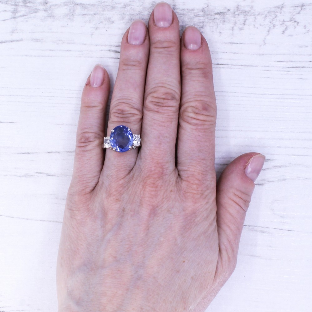 Art Deco 7.13 Carat Sapphire & 1.11 Carat Old Cut Diamond Trilogy Ring, circa 1920 View VII