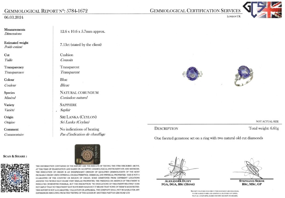 Art Deco 7.13 Carat Sapphire & 1.11 Carat Old Cut Diamond Trilogy Ring, circa 1920 View VIII
