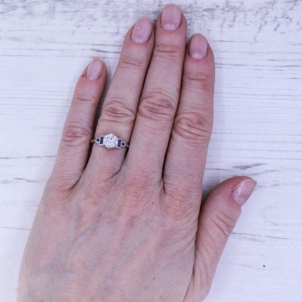 0.91 Carat Old Cut Diamond & Sapphire Ring, Platinum View IX