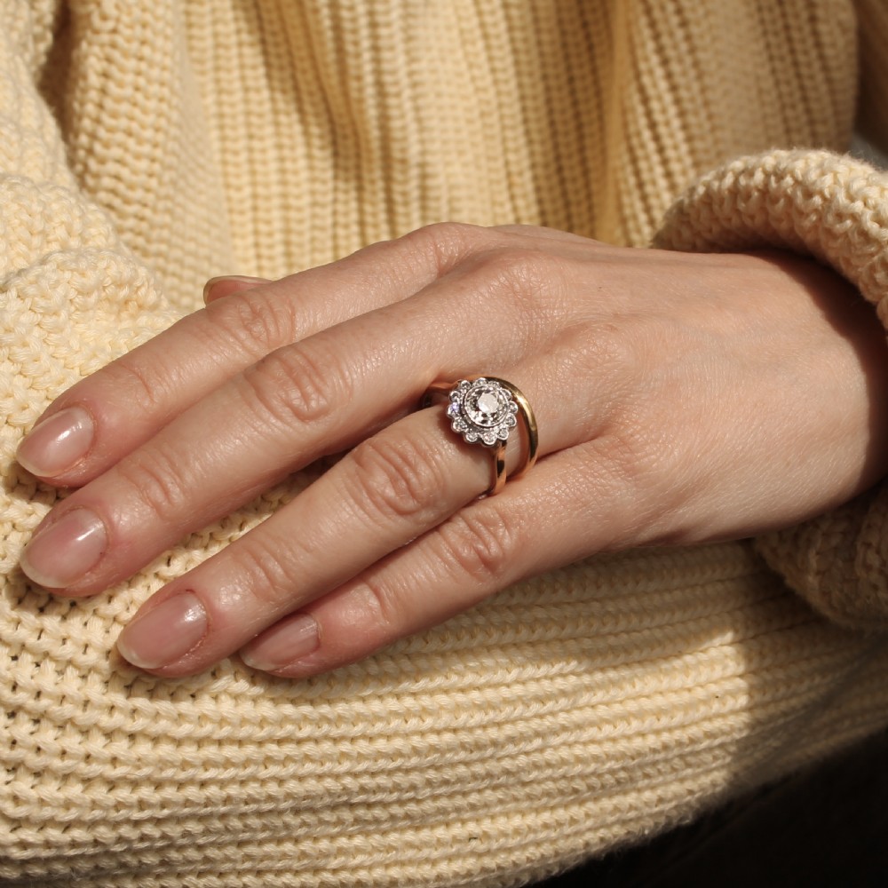 Mid Century 1.44 Carat Old Cut Diamond Cluster Ring, circa 1950 View X