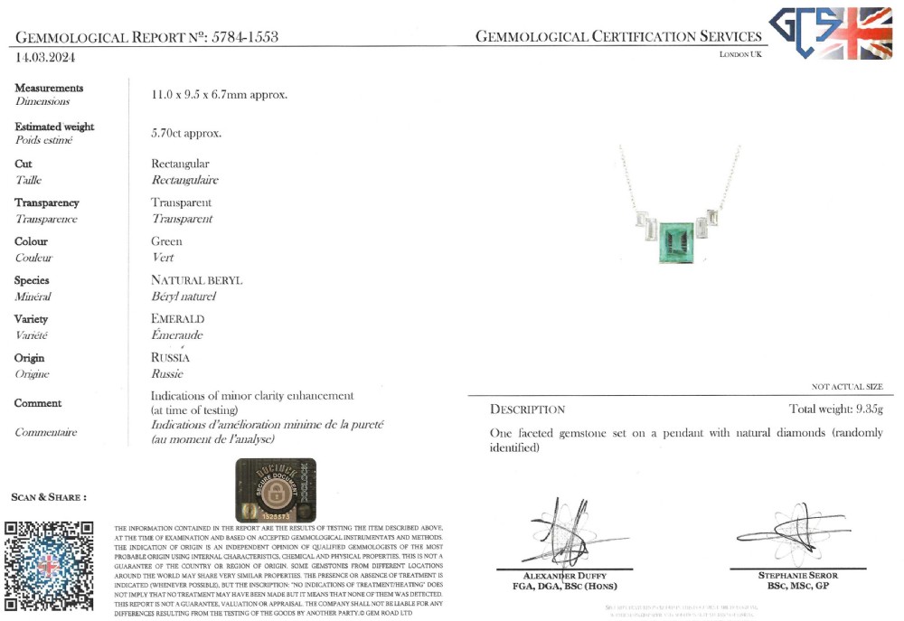 Art Deco 5.70 Carat Minor Oil Emerald & Diamond Pendant, circa 1930 View IX